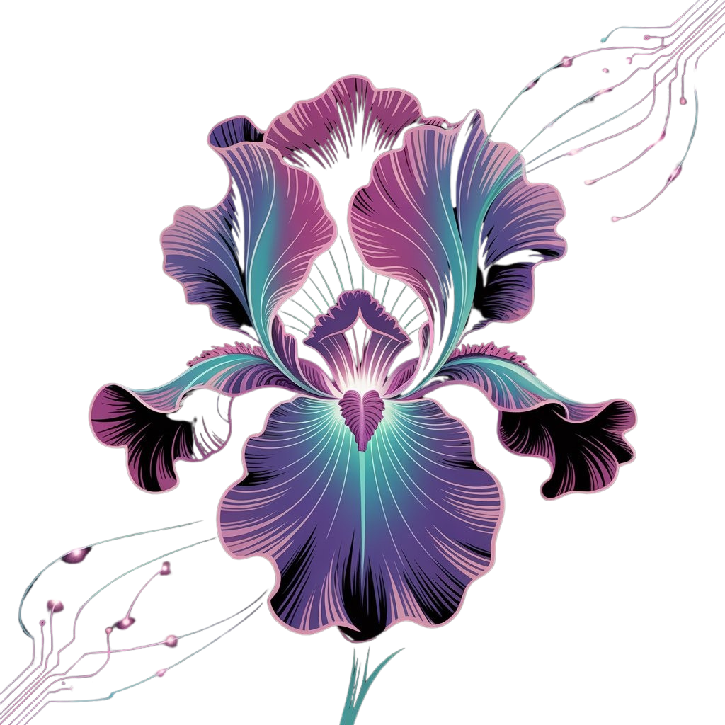 Stylized portrait of an iris flower surrounded by computer circuits.